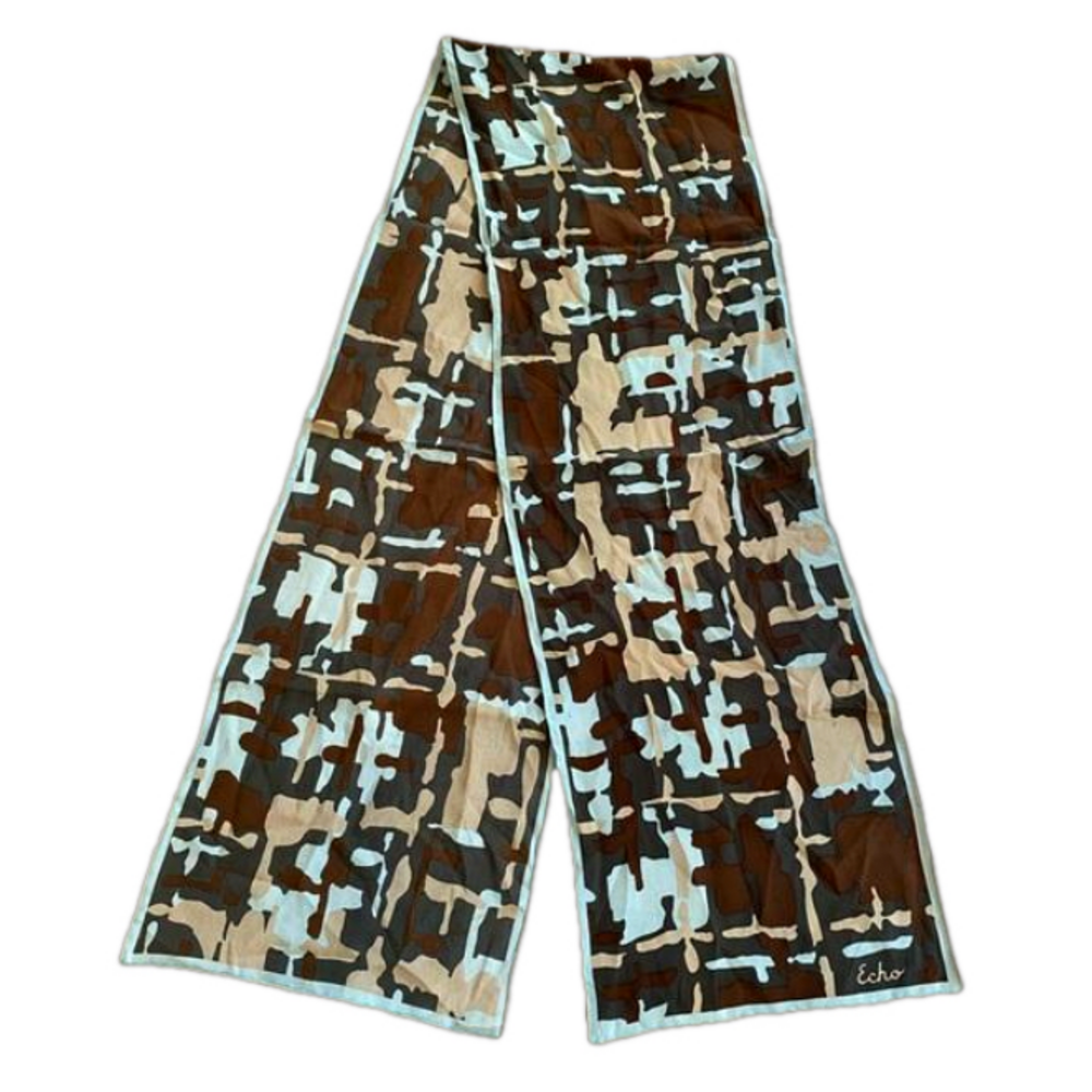 ECHO Blue Brown Green Tan Abstract Print 100% Silk Oblong Scarf 9" x 59"